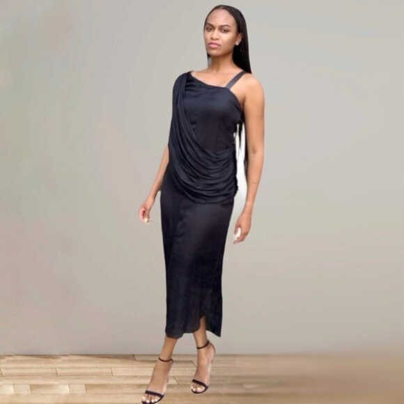 Nicholas K Black One-Shoulder Draped Satin Midi Dress - Picture 1 of 17
